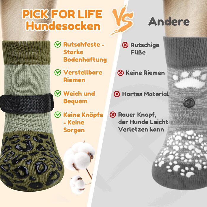 Шкарпетки для собак PICK FOR IFE антиковзаючі, 2 пари, двосторонні, з регульованими ремінцями, для дому (L, зелений)