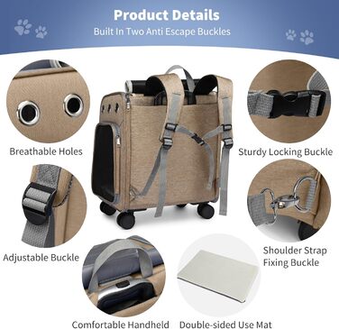 Рюкзак-переноска для кота та собаки PETCUTE з візком 2 в 1 до 11 кг, складаний, з витяжною підстилкою, багатофункціональний, дихаючий, для кошенят та цуценят (Хакі)