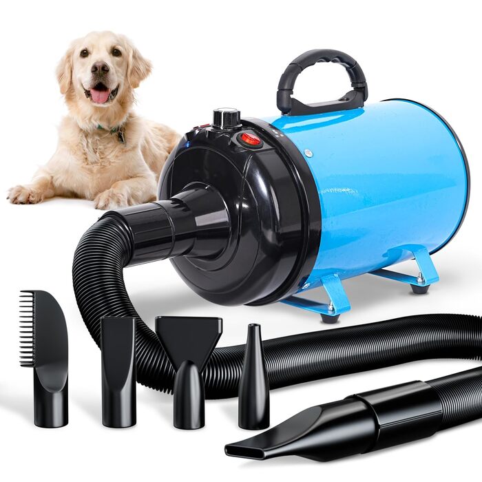 Фен для собак Blower 3000W - тихий, регульована швидкість, 4 насадки, блакитний