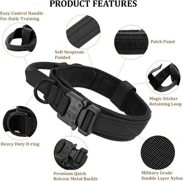 Тактичний нашийник для собак з ручкою та повідок, військовий стиль, м'яка підкладка, нейлон, регульований, для середніх та великих собак, чорний P7-L