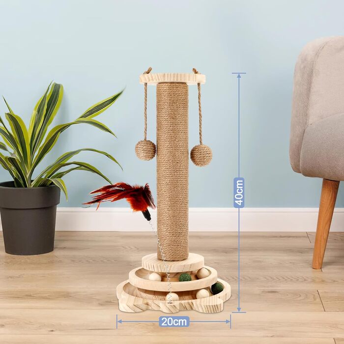 Інтерактивна іграшка для котів з дерева Roller 4 в 1: обертовий столик, когтеточка, кішка з кульками. Підходить для котів середніх та маленьких порід