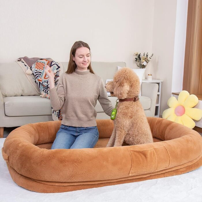 Ліжко для собак великих порід, 160 x 93 x 27.9 см, з піднятим м'яким бортиком, знімним чохлом, водонепроникним вкладишем та додатковою ковдрою. Миється, розкішне, пухнасте ліжко для комфортного сну.