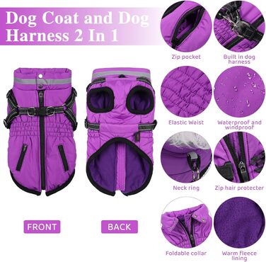 Водонепроникний зимовий одяг для собак з інтегрованим шлейкою, M, фіолетовий