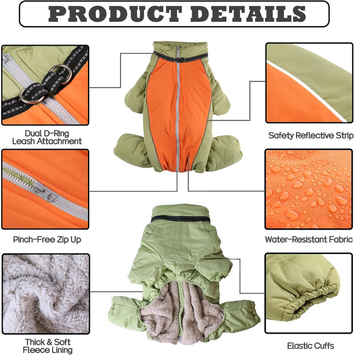 Зимовий теплий костюм для собак, світло-зелений, розмір 18. Вітронепроникна куртка для собак з блискавкою та кільцем, з відбиваючими елементами.